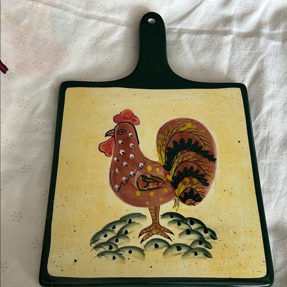 Hand-Painted Rooster Ceramic Cutting/Serving Board - Yellow & Green